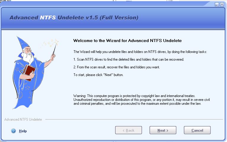 Advanced NTFS Undelete_1.5_32位 and 64位英文免费软件(1.3 MB)